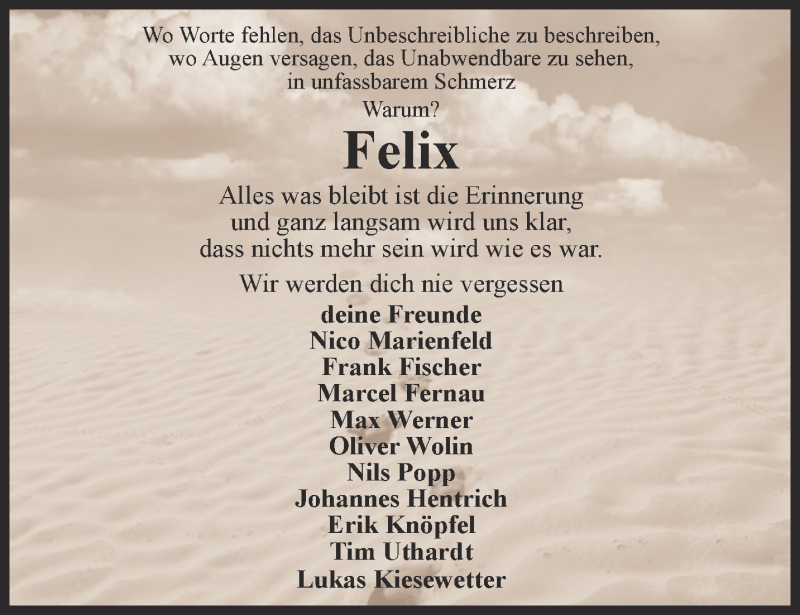  Traueranzeige für Felix Heyer vom 01.08.2015 aus Thüringer Allgemeine, Thüringische Landeszeitung