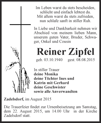 Traueranzeige von Reiner Zipfel von Ostthüringer Zeitung