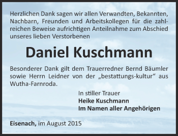 Traueranzeige von Daniel Kuschmann von Thüringer Allgemeine, Thüringische Landeszeitung