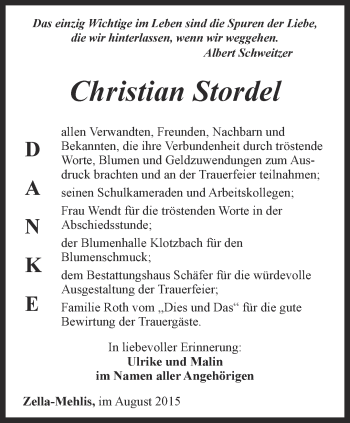 Traueranzeige von Christian Stordel von Thüringer Allgemeine, Thüringische Landeszeitung