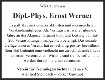 Traueranzeige von Ernst Werner von Ostthüringer Zeitung, Thüringische Landeszeitung