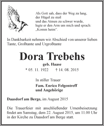 Traueranzeige von Dora Trebehs von Thüringer Allgemeine, Thüringische Landeszeitung