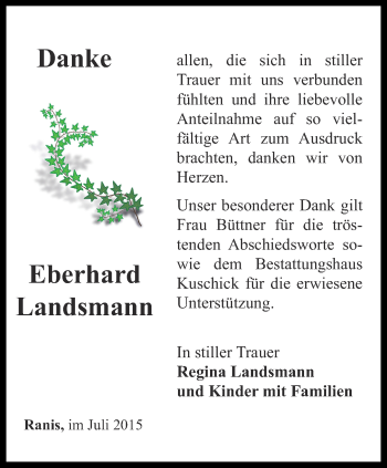 Traueranzeige von Eberhard Landsmann von Ostthüringer Zeitung