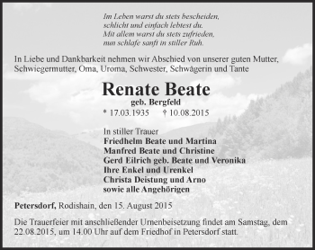 Traueranzeige von Renate Beate von Thüringer Allgemeine