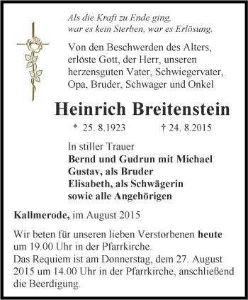 Traueranzeige von Heinrich Breitenstein von Thüringer Allgemeine