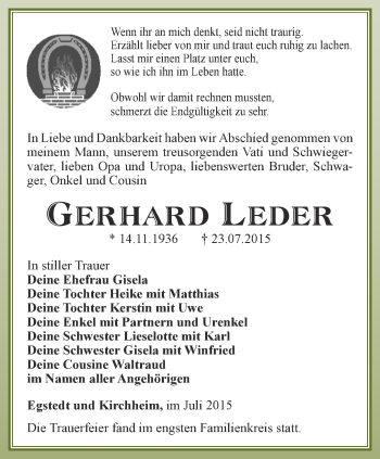 Traueranzeige von Gerhard Leder von Thüringer Allgemeine, Thüringische Landeszeitung