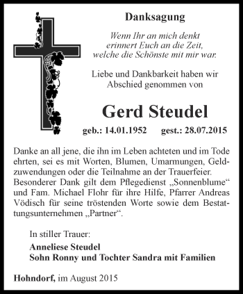 Traueranzeige von Gerd Steudel von Ostthüringer Zeitung