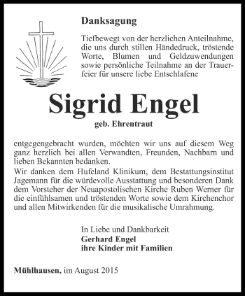 Traueranzeige von Sigrid Engel von Thüringer Allgemeine, Thüringische Landeszeitung