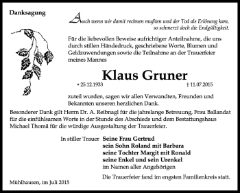 Traueranzeige von Klaus Gruner von Thüringer Allgemeine, Thüringische Landeszeitung