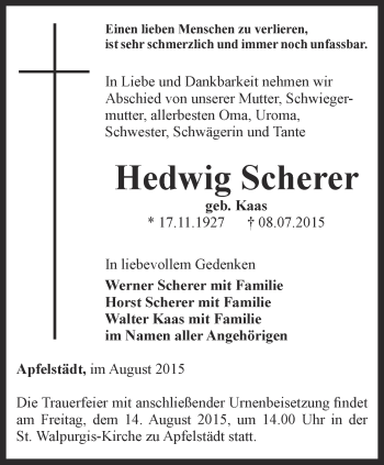 Traueranzeige von Hedwig Scherer von Thüringer Allgemeine, Thüringische Landeszeitung