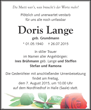 Traueranzeige von Doris Lange von Thüringer Allgemeine