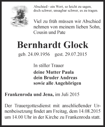 Traueranzeige von Bernhardt Glock von Thüringer Allgemeine, Thüringische Landeszeitung