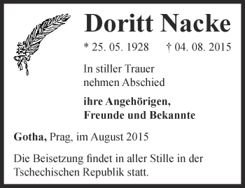 Traueranzeige von Doritt Nacke von Ostthüringer Zeitung, Thüringische Landeszeitung