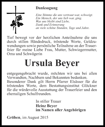 Traueranzeige von Ursula Beyer von Ostthüringer Zeitung