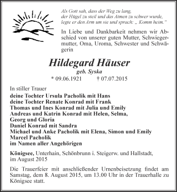 Traueranzeige von Hildegard Häuser von Ostthüringer Zeitung