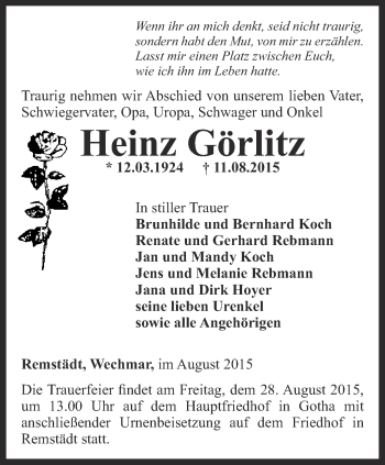 Traueranzeige von Heinz Görlitz von Ostthüringer Zeitung, Thüringische Landeszeitung
