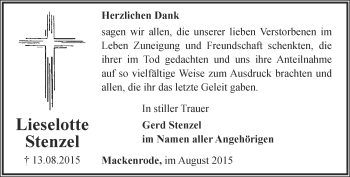 Traueranzeige von Lieselotte Stenzel von Thüringer Allgemeine