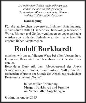 Traueranzeige von Rudolf Burkhardt von Ostthüringer Zeitung, Thüringische Landeszeitung