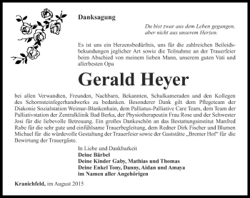 Traueranzeige von Heyer Gerald von Thüringer Allgemeine, Thüringische Landeszeitung