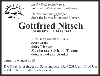 Traueranzeige von Gottfried Nitsch von Ostthüringer Zeitung, Thüringische Landeszeitung