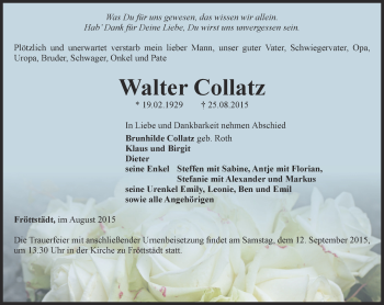 Traueranzeige von Walter Collatz von Ostthüringer Zeitung, Thüringische Landeszeitung