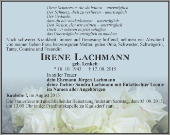 Traueranzeige von Irene Lachmann von Ostthüringer Zeitung
