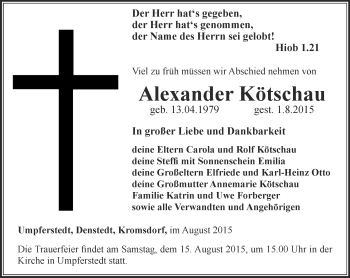Traueranzeige von Alexander Kötschau von Thüringer Allgemeine, Thüringische Landeszeitung