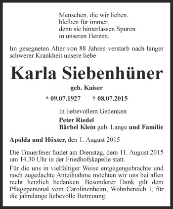 Traueranzeige von Karla Siebenhüner von Thüringer Allgemeine, Thüringische Landeszeitung