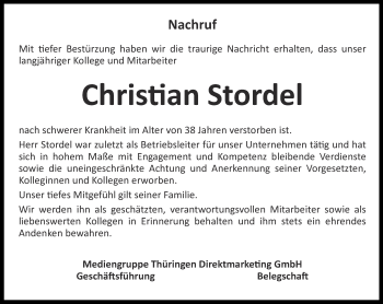 Traueranzeige von Christian Stordel von Thüringer Allgemeine, Thüringische Landeszeitung