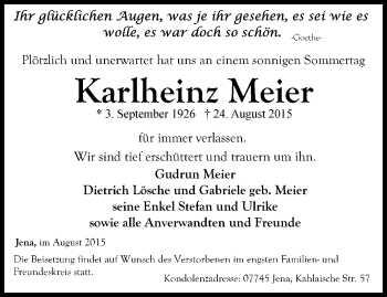 Traueranzeige von Karlheinz Meier von Ostthüringer Zeitung, Thüringische Landeszeitung