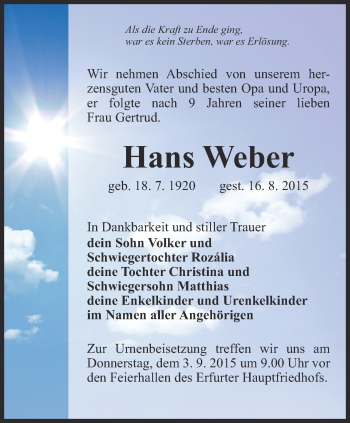 Traueranzeige von Hans Weber von Thüringer Allgemeine, Thüringische Landeszeitung