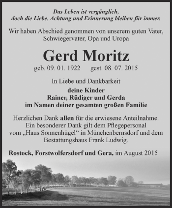 Traueranzeige von Gerd  Moritz von Ostthüringer Zeitung