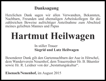 Traueranzeige von Hartmut Heilwagen von Thüringer Allgemeine, Thüringische Landeszeitung