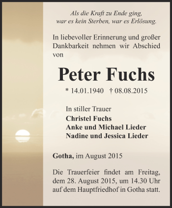 Traueranzeige von Peter Fuchs von Ostthüringer Zeitung, Thüringische Landeszeitung