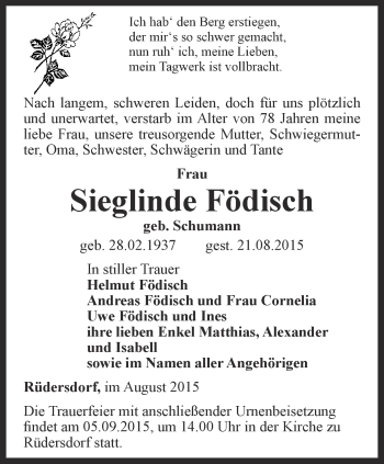 Traueranzeige von Sieglinde Födisch von Ostthüringer Zeitung