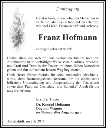 Traueranzeige von Franz Hofmann von Thüringer Allgemeine, Thüringische Landeszeitung