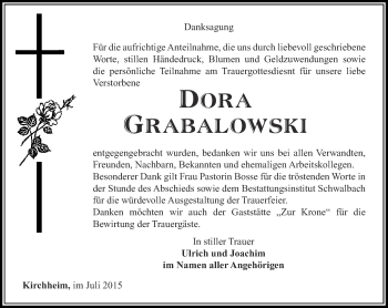 Traueranzeige von Dora Grabalowski von Thüringer Allgemeine