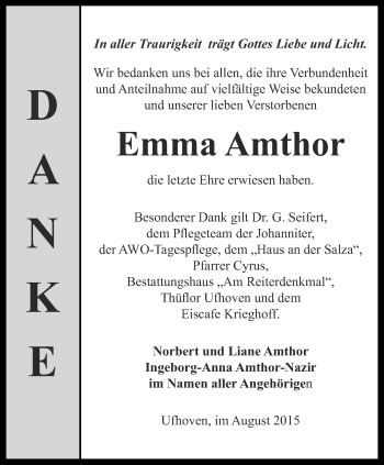 Traueranzeige von Emma Amthor von Thüringer Allgemeine, Thüringische Landeszeitung