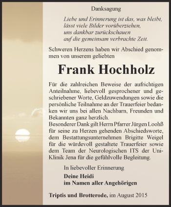 Traueranzeige von Frank Hochholz von Ostthüringer Zeitung