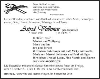 Traueranzeige von Astrid Volkmar von Thüringer Allgemeine