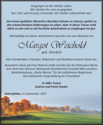 Traueranzeige von Margot Weichold von Thüringer Allgemeine, Thüringische Landeszeitung