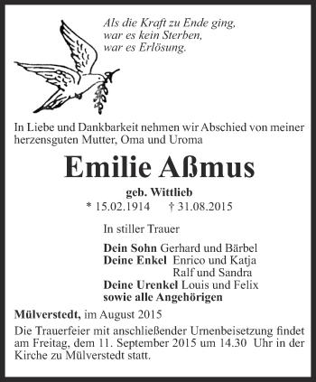 Traueranzeige von Emilie Aßmus von Thüringer Allgemeine, Thüringische Landeszeitung