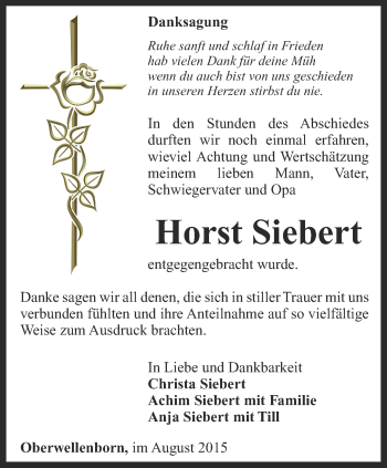 Traueranzeige von Horst Siebert von Ostthüringer Zeitung