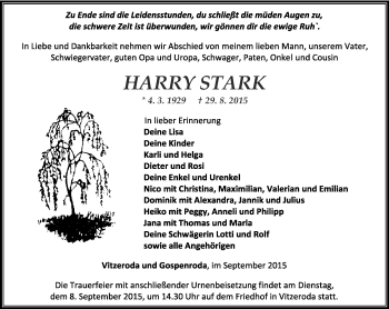 Traueranzeige von Harry Stark von Thüringer Allgemeine, Thüringische Landeszeitung