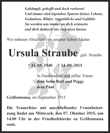 Traueranzeige von Ursula Straube von Thüringer Allgemeine, Thüringische Landeszeitung