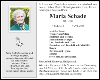 Traueranzeige von Maria Schade von Thüringer Allgemeine