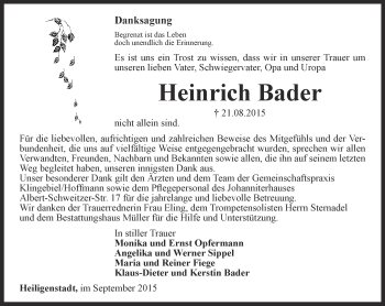 Traueranzeige von Heinrich Bader von Thüringer Allgemeine