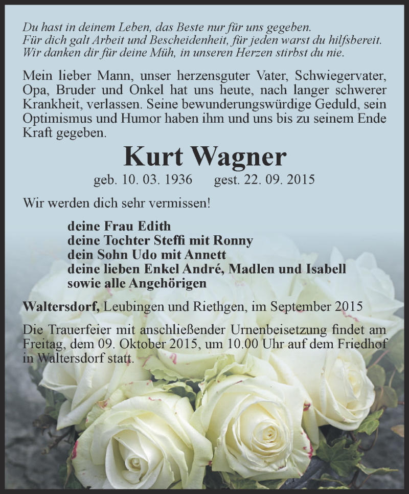  Traueranzeige für Kurt Wagner vom 26.09.2015 aus Thüringer Allgemeine