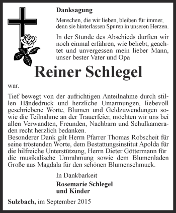 Traueranzeige von Reiner Schlegel von Thüringer Allgemeine, Thüringische Landeszeitung