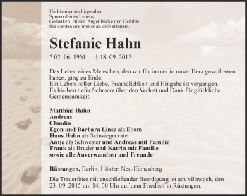Traueranzeige von Stefanie Hahn von Thüringer Allgemeine